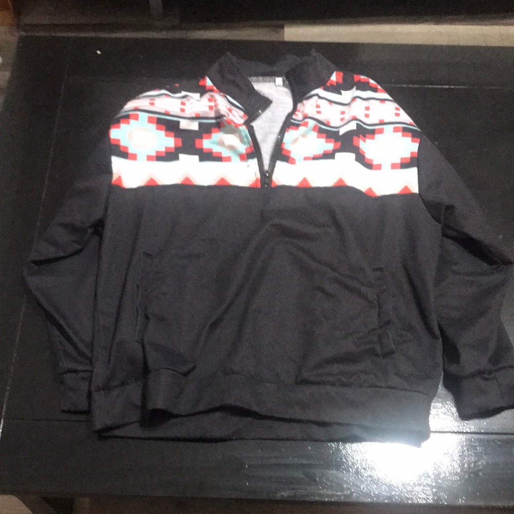 Women's Black Zip-Up Jacket with Geometric Aztec Panel